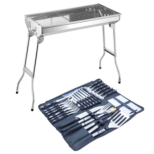 Charcoal Portable BBQ Grill + Cooking Tools & Utensils, Metal 57cm Foldable Legs