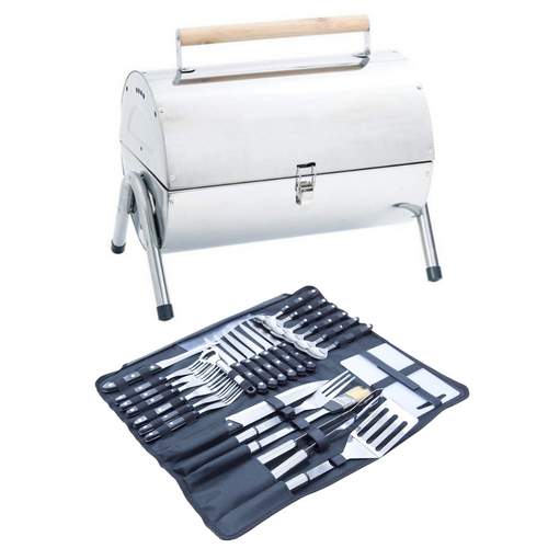 Charcoal BBQ Grill Smoker Oven + Cooking Tools & Utensils, Metal Barrel Shaped 41cm