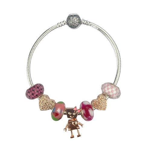 21cm Pink Mix Bracelet Set with Rose Gold, Colour Beads Snake Chain, Love Hearts