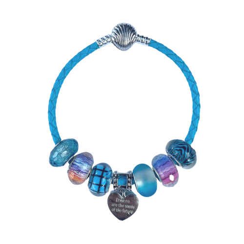 18cm Aqua Blue Bracelet Set with Charms & Colour Beads on Leather Braided Snake Chain