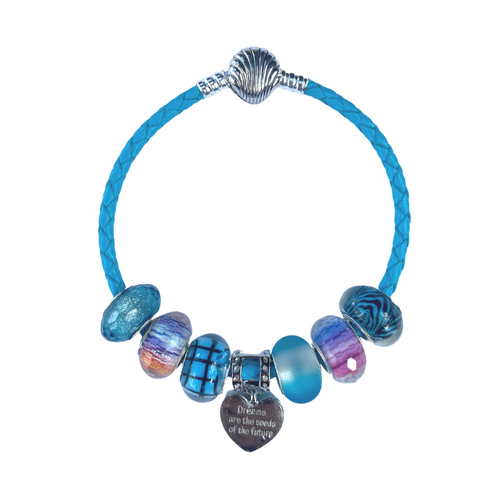 20cm Aqua Blue Bracelet Set with Charms & Colour Beads on Leather Braided Snake Chain