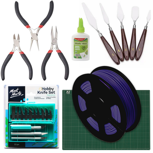 LAST ONE 3D Printing Dark Purple Filament & Tools Intro Set, Mat, Glue, Pliers, Knives Bundle 24pce