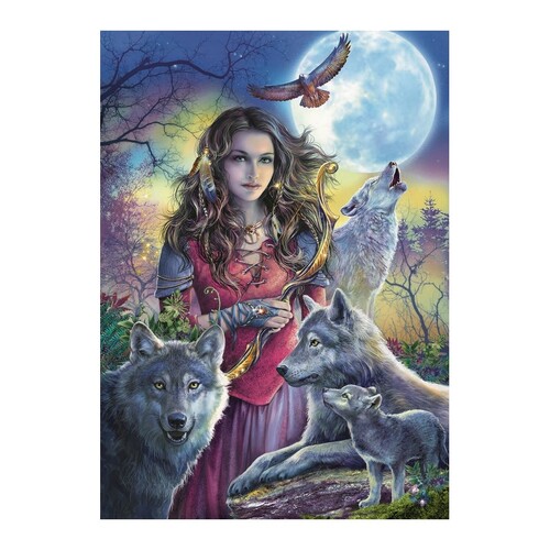 Girl with Wolves Full Moon - Paint by Numbers Canvas Art Work DIY 40cm x 50cm