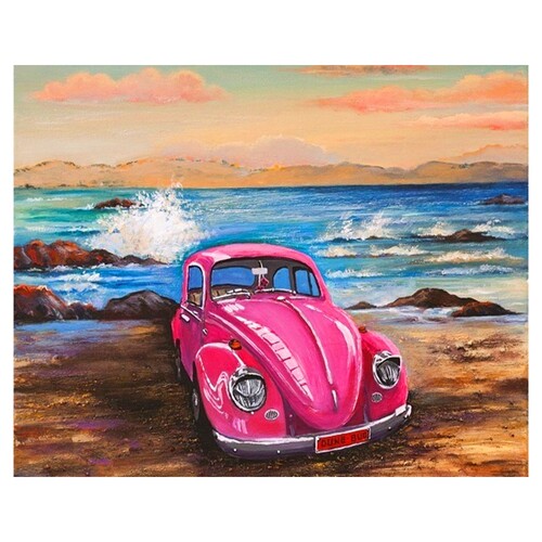 Hot Pink Volkswagen Beatle Vintage Beach Paint by Numbers Canvas Art Work DIY 40cm x 50cm