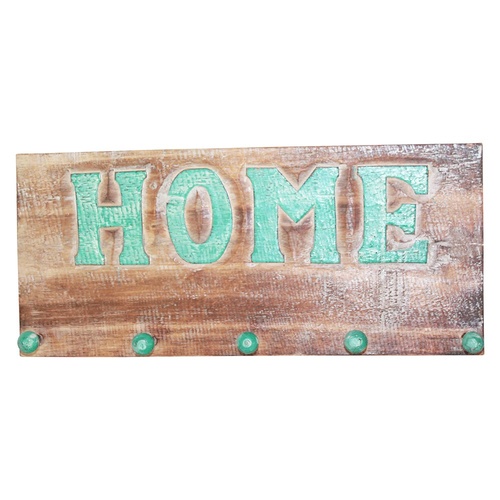 45cm Wooden Hanger Key Rack with HOME in Turquoise, Hand Made & Painted