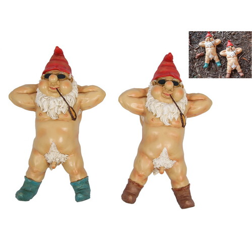 2x Nudie Garden Gnomes Set Laying Down 27cm Resin Ornament in Boots