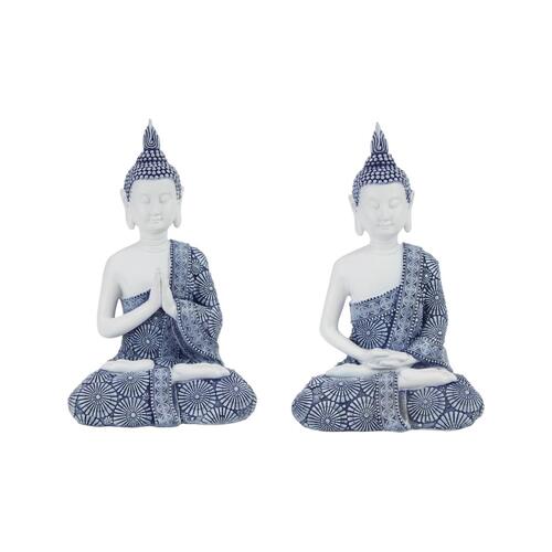 2pce Set 23cm Rulai Buddha in Blue/White Robe - Praying & Meditating Pose