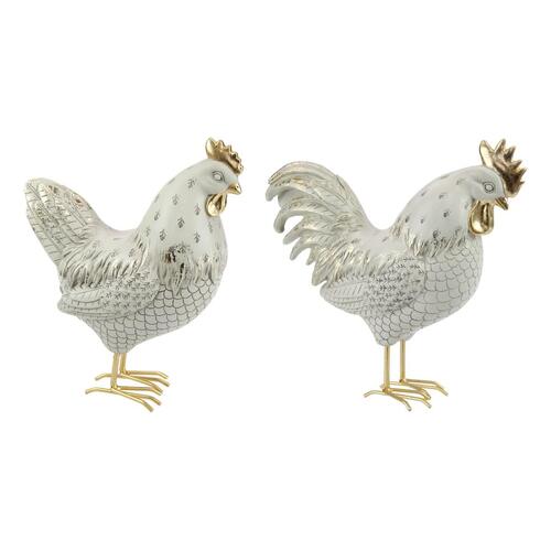 2pce Set 26cm Hen & Rooster with Gold & White Finish - Farmhouse Décor