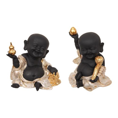 2x Happy Buddha Monks Set Black & Gold Statues Home Decor