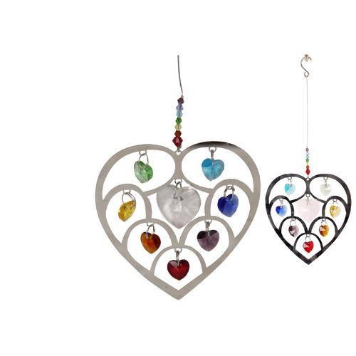 Sun Catcher Hanging Wall Art Rainbow Chakra With Coloured Hearts 22cm