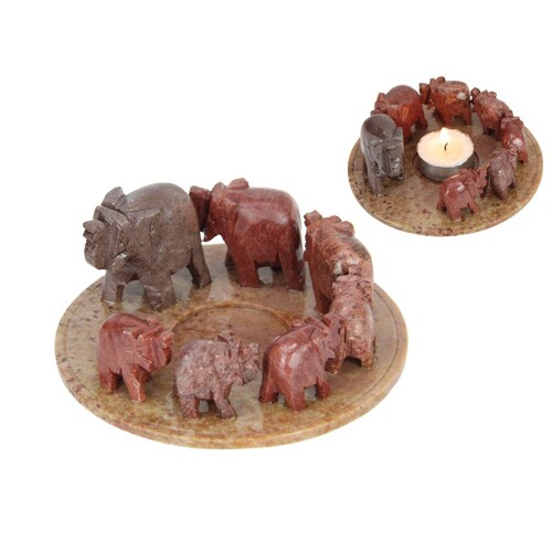 13cm 7 Lucky Soapstone Elephant Tealight Holder,  Unique Decorative Charm