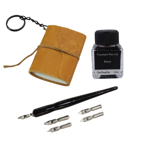 Key Ring Journal + Calligraphy Ink & Pen Set Tanned Mini Leather Bound Book 7.5cm