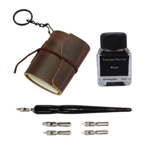 Key Ring Journal + Calligraphy Ink & Pen Set Dark Mini Leather Bound Book 7.5cm