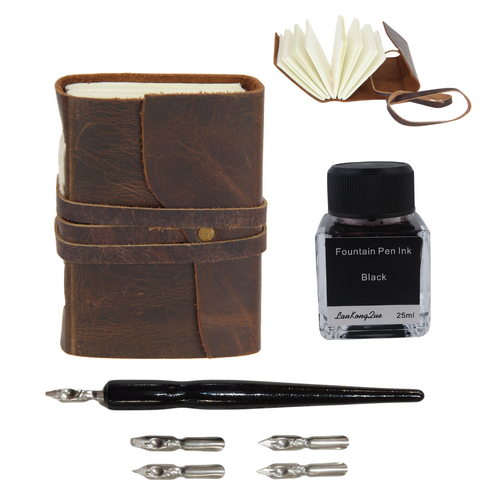 Leather Journal  + Calligraphy Ink & Pen Set Binding Strap Oiled Tan Brown 12cm