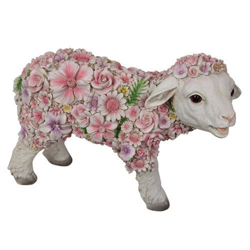 1pce 25cm Flower Decorated Standing Lamb Resin Ornament Very Cute