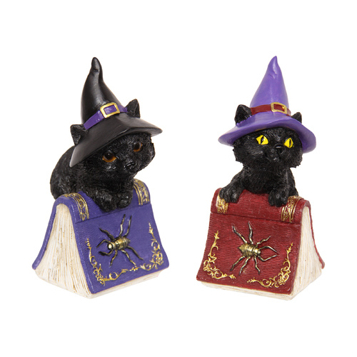 2pce Mystical Black Cats Set 12cm Witch Spell Book Cute & Scary Resin