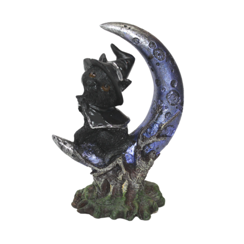 11cm Silver Cape Cat Witch On Mystical Moon & Green Stump Scary Resin