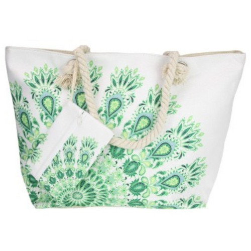 Boho Beach Bag 54x37cm - Green Mandala Design, Ideal for Summer Adventures