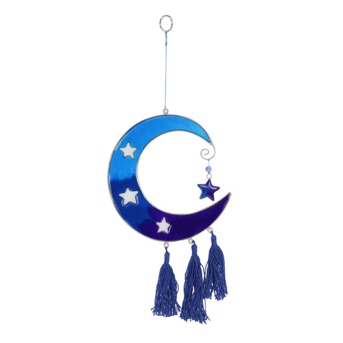 Suncatcher Moon & Stars Wall Art Blue Epoxy Glass & Tassels Hanging Decor 37cm