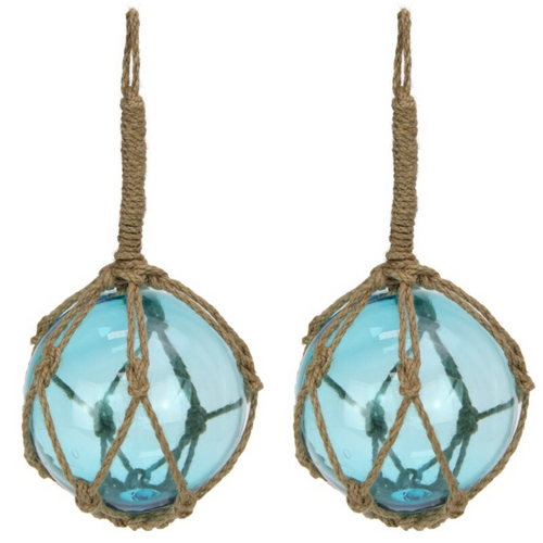 2x Glass Beach Buoys Set Aqua Blue With Rope Hanging 13cm Diameter