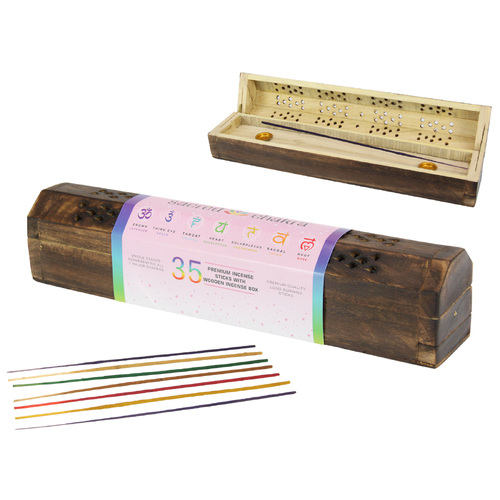 Incense Box Holder Sacred Chakra with 7 Scents 35 Sticks Wooden 30cm Coffin