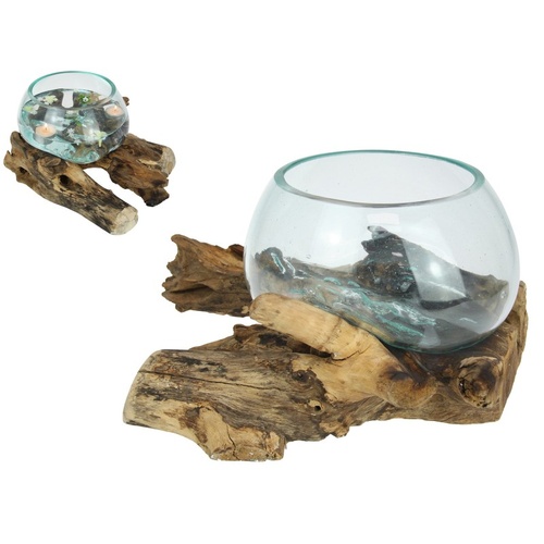 Elegant 35x20cm Glass Bowl on Driftwood Base Ð Unique Home Decor Centerpiece