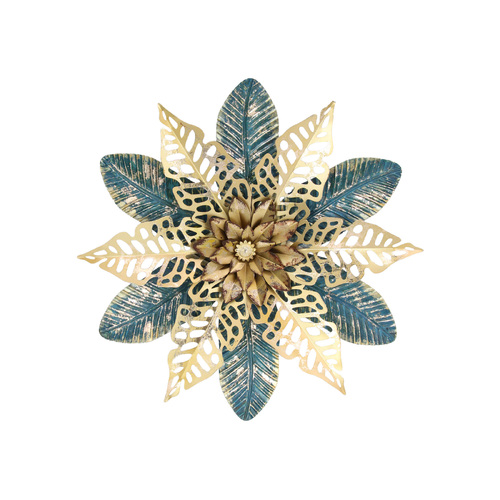 Floral Leaf Metal Wall Art Blue & Gold Colours 54cm Outdoor & Indoors