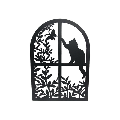 Wall Art Black Metal Cat In Window 1pce 60cm Height