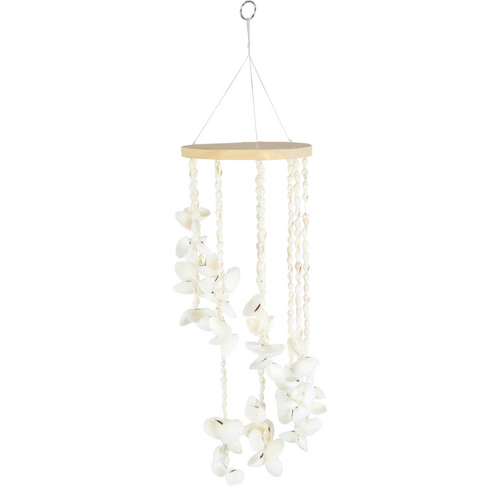 Shell Chandelier Wind Chime Spinner White with Natural Wooden Top 1pce 60cm