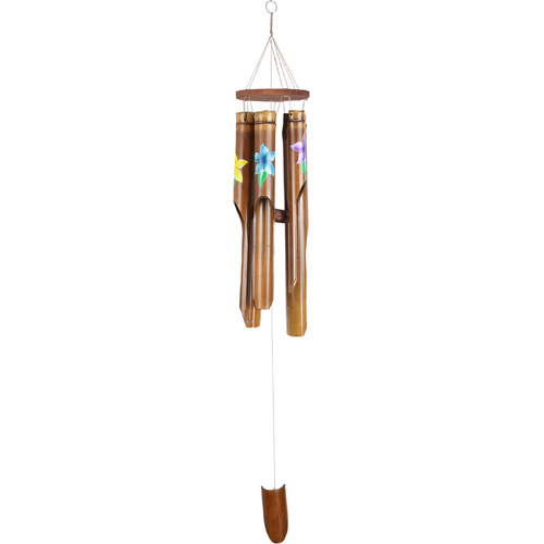 5 Tube Bamboo Wind Chime with Floral Frangipani Decals Natural Soft Tone 1pce