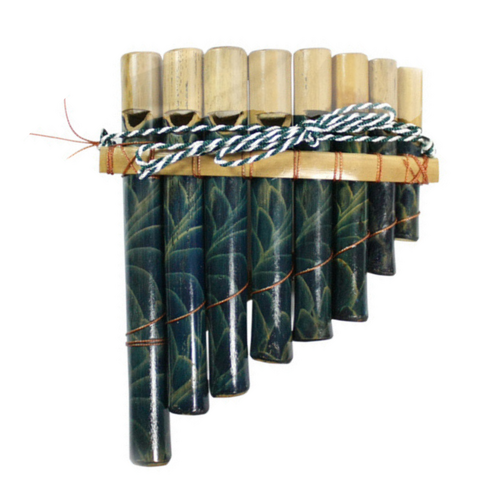Panpipe Flute Musical Instrument Handmade with Natural Bamboo Green/Blue Coloured
