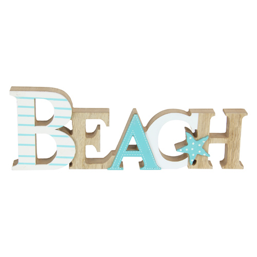 Beach Word Plaque Sign Aqua 30cm 1pce Mdf Wooden Ornament