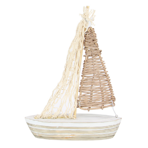 Boat Ornament Wooden 28cm with Rattan Look Rope Sail Natural Colours Standing