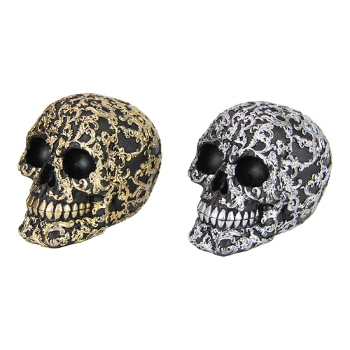 2x Black Skulls Set Gold & Silver Finish 12cm Resin Goth Ornament Bundle