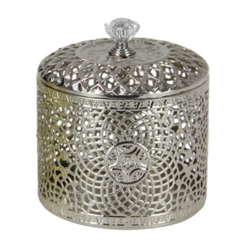 10cm Metal Jewellery Box or Candle Holder Silver Coloured Antique Style