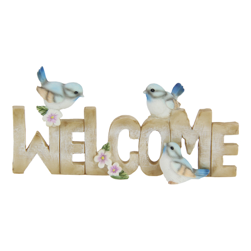 Welcome Plaque Blue Birds Theme Free Standing 17cm Resin 1pce