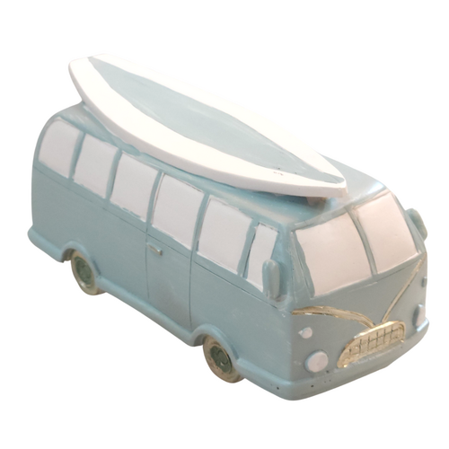 Combi Van Money Box With Surfboard Pale Blue 17cm Resin 1pce