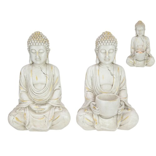 Pair of Rulai Buddha Statues in Cream White & Gold 30cm Meditating Set