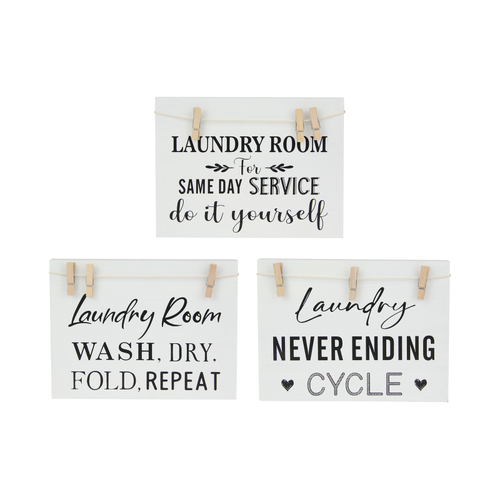 3pce Set 20x15cm Laundry MDF Plaques with Pegs - Funny & Motivational Quotes