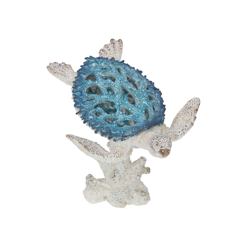 21cm Turtle on Coral with Blue & White Coral Design - Coastal Decor Piece