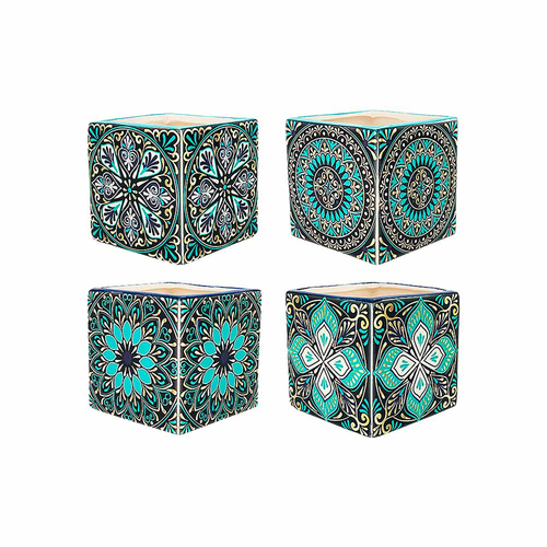 Pot Planter Set 4 Pieces Square Moroccan Pot Aqua Trim 10x10cm Ceramic Garden D̩cor