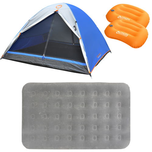 3 Person Dome Camp Tent + 2 Self Inflating Pillows Set + Double Air Mattress