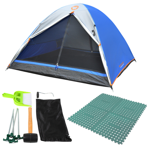 3P Tent + Essentials Kit + 4 Foam Mats, Tanami Dome Camping Outdoor Tent Blue