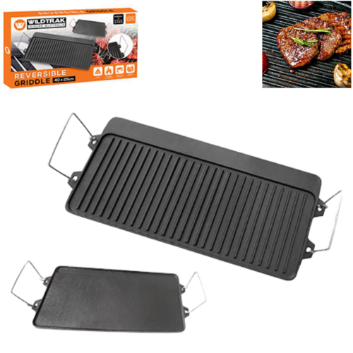 Reversible Cast Iron Griddle, Ribbed & Smooth Sides Camp Cooking 40x25cm