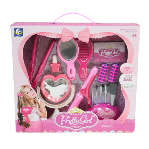 Kids Fashion Hairstyle Salon Play Toy Set Light Up 11pce Pack Pink Heart