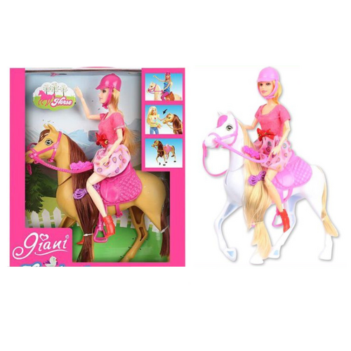 2x Kids Horse with Mane & Doll Play Sets Bundle White & Golden Horses