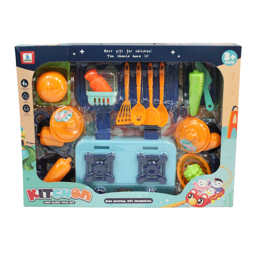 Kids Kitchen Play Set & Cooking Accessories Blue Boys 19pce Pack Role Play